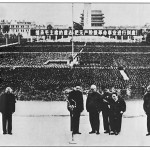 Ching-ling (the shortest in the line-up of leaders, seventh from the right) at the memorial service on Tiananmen Square for Mao, who died on 9 September 1976. When the service was held on 18 September, the Gang of Four - Madame Mao and three other assistants of Mao's - were present. By the time this photograph was published shortly afterwards they had been arrested, and their images were removed, leaving conspicuous gaps.