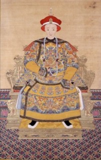 Emperor Xianfeng, a standard portrait of  a monarch produced after his death.  Xianfeng died in 1860 in self-imposed exile partly because the Old Summer Palace had been burned down by the British.