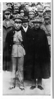 Generalissimo Chiang Kai-shek (front right) with Chang Hsueh-liang ("the Young Marshal"), the former warlord of Manchuria, who kidnapped Chiang at Xian in December 1936.  The kidnap, which was co-ordinated by Mao, dealt the marginalised Reds back into the game.  Behind them stands Chiang Kai-shek's brother-in-law and confidant H.H. Kung