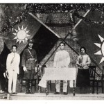 Moscow set up the Whampoa military academy for Sun. Ching-ling, Mme Sun Yat-sen since 1915, was at its founding ceremony in June 1924. On stage, from left: Liao Zhong-kai, Sun’s closest aide, Chiang Kai-shek, head of the academy (and later May-ling’s husband), Sun, Ching-ling. 