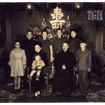 Chiang Kai-shek’s family celebrated his birthday in Nanjing, 1946. (The big character in the background – shou – means ‘longevity’.) He and May-ling are seated; Chiang’s two sons stand behind them: Ching-kuo (left); Wei-go, (third from left). Between them is Ching-kuo’s wife, Faina Vakhreva; the couple had met and married in Russia when Ching was kept there by Stalin as a hostage. Their four children are also in the picture, with a toddler on May-ling’s lap.  