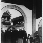 A downcast Chiang Kai-shek visiting his ancestral temple for the last time before leaving Mainland China in 1949, with his son and heir, Ching-kuo (front in hat). May-ling was not with her husband in those last days.