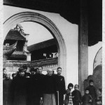 A downcast Chiang Kai-shek visiting his ancestral temple for the last time before leaving Mainland China in 1949, with his son and heir, Ching-kuo (to left in hat).