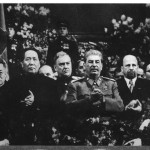 Looking grim, next to his patron and rival, Stalin, at the ceremony for Stalin's seventieth birthday, Moscow, December 1949.  To Stalin's left is East Germany's leader Walter Ulbricht, to whom Mao suggested buiding a wall; Mongolia's Tsedenbal far right; Soviet Marshal Bulganin in the centre (rear).  Behind Mao's right shoulder is his interpreter Shia Zhe, who provided us with much valuable information about Mao's relationship with Stalin.
